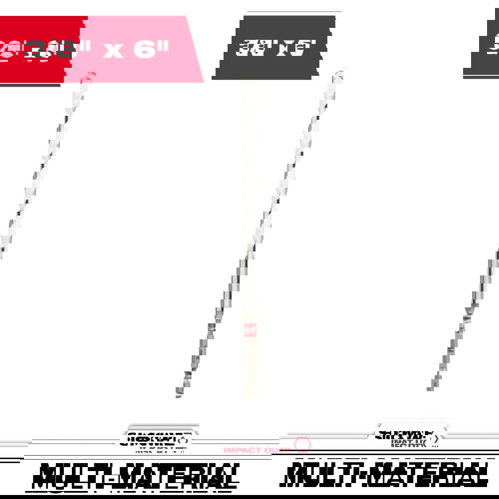 Rotary Drill/Hammer Drill Bits; Drill Bit Size (Inch): 3/8 ; Shank Type: Hex ; Drill Bit Material: Carbide-Tipped ; Shank Diameter (Inch): 1/4 ; Flute Length (Inch): 4 ; Overall Length (Inch): 6